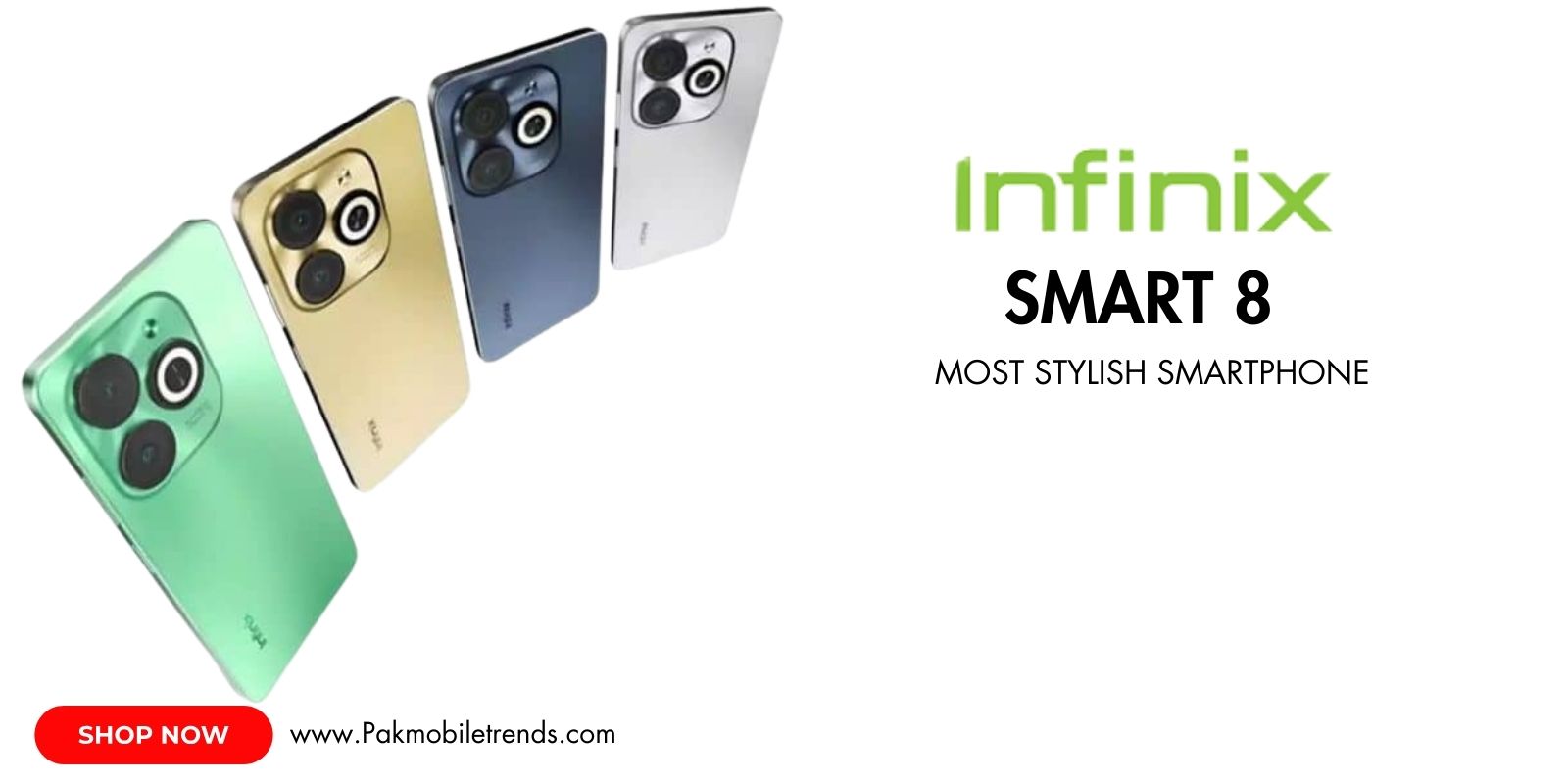 Infinix Smart 8 smartphone showcasing its sleek design, large display, and modern features on a white background."