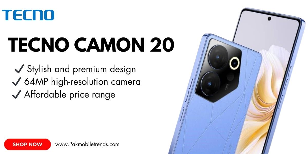 Tecno Camon 20 smartphone showcasing its sleek design, vibrant display, and advanced camera system.