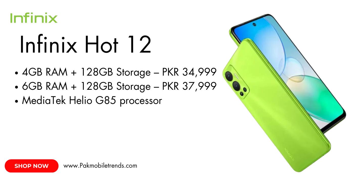 Infinix Hot 12 smartphone featuring a large 6.82-inch HD+ display, dual rear cameras, and a sleek design. Perfect for gaming and multimedia.