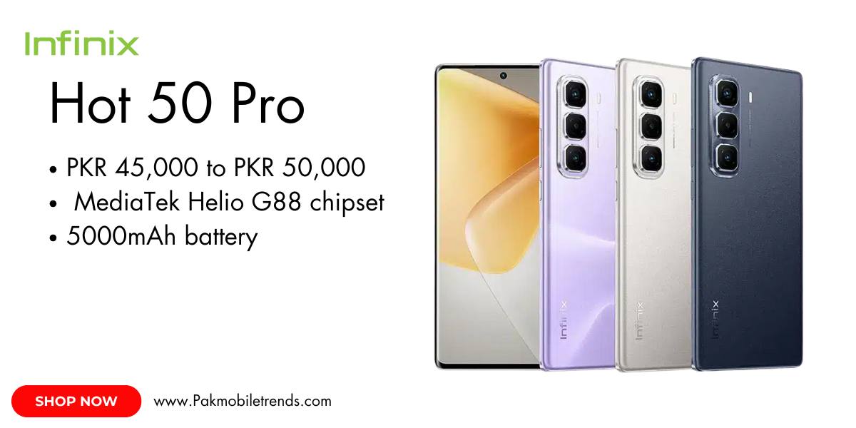 Infinix Hot 50 Pro smartphone displayed on a white background, showcasing its sleek design, large display, and triple rear camera setup. The device is powered by a MediaTek Helio G99 processor and features a 5000mAh battery with fast charging