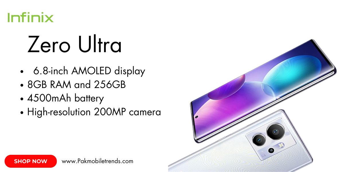 A sleek Infinix Zero Ultra smartphone displayed on a dark background, showcasing its curved AMOLED display, premium glass back design, and triple rear camera setup with LED flash. The device is powered by MediaTek Dimensity 920 and features 180W fast charging.