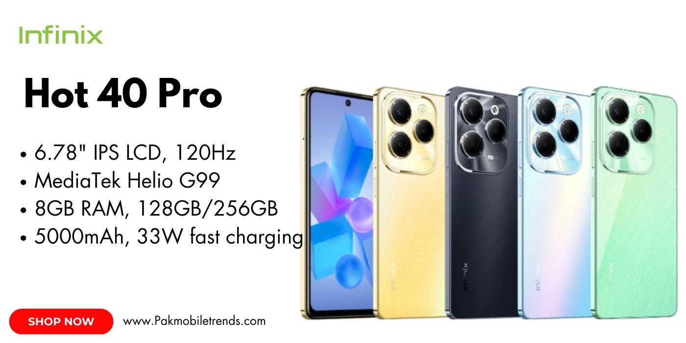 A sleek Infinix HOT 40 Pro smartphone displayed on a white background, showcasing its large 6.78-inch HD+ display, triple rear camera setup, and gradient design. The phone is powered by a MediaTek Helio G99 processor and features a 5000mAh battery with 33W fast charging.