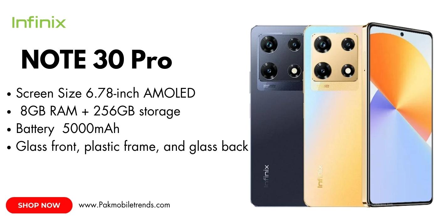 A sleek Infinix NOTE 30 Pro smartphone displayed on a flat surface, showcasing its modern design, large display, and triple rear camera setup. The device is shown in a gradient color finish, highlighting its premium build and stylish aesthetics