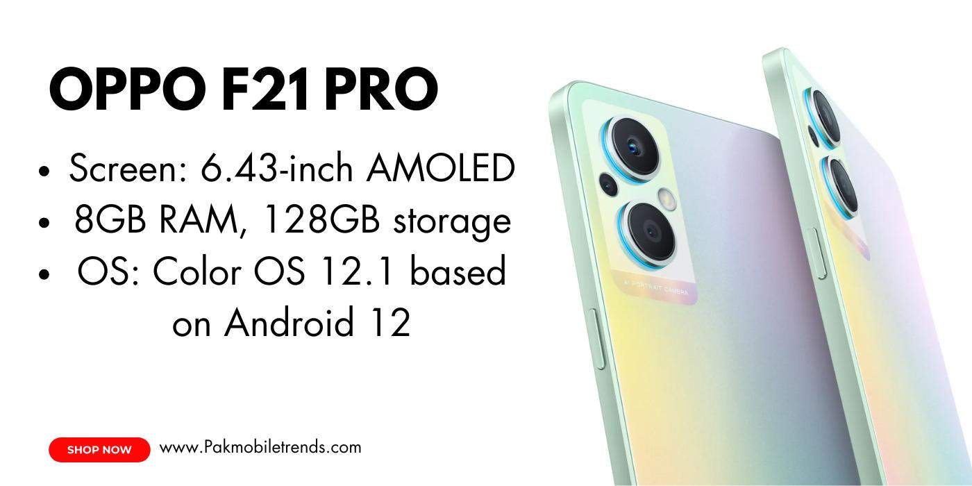 A sleek and stylish Oppo F21 Pro smartphone displayed in a gradient color finish, showcasing its slim design, triple rear camera setup, and AMOLED display. The phone is placed on a clean, minimalist background, highlighting its premium aesthetics and modern features.