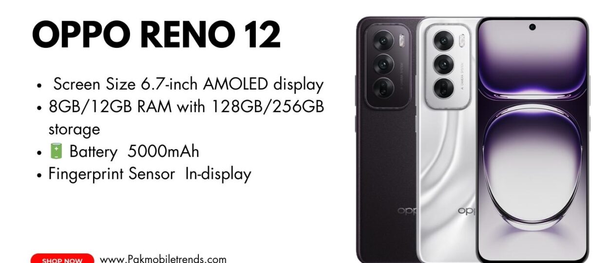 A sleek and modern Oppo Reno 12 smartphone displayed on a white background, showcasing its slim design, curved edges, and vibrant color options. The camera module is prominently highlighted, emphasizing its advanced photography features.