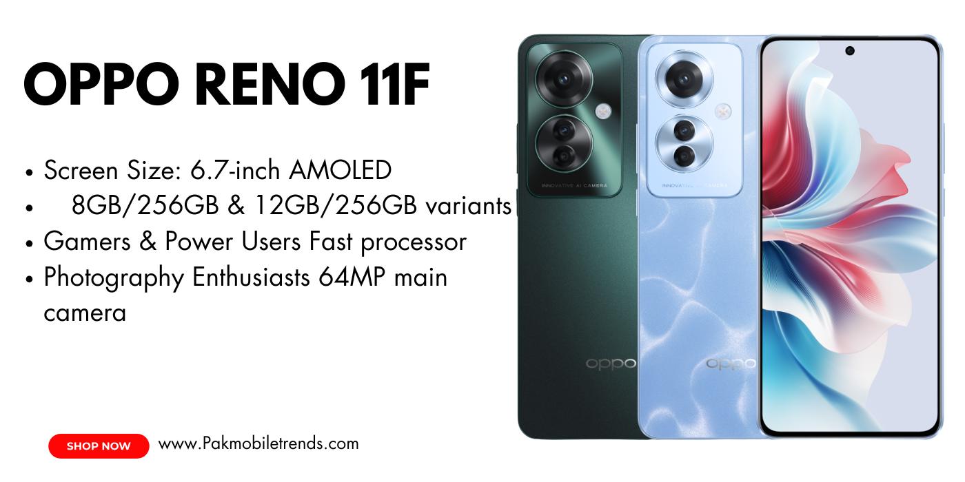 OPPO Reno 11F 5G smartphone in a sleek design, showcasing its vibrant color options, ultra-slim body, and advanced camera setup. The device is displayed on a clean, modern background, highlighting its premium aesthetics and cutting-edge features.