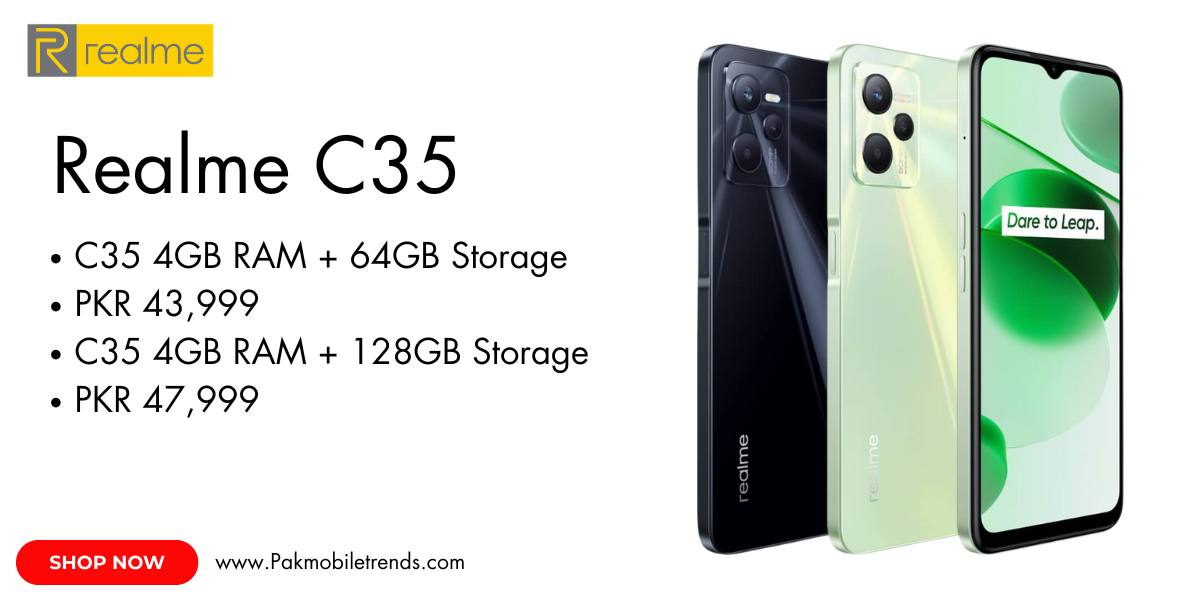 Realme C35 smartphone displayed on a white background, showcasing its sleek design, large display, and triple rear camera setup. The device is shown in a stylish green color variant with a glossy finish.