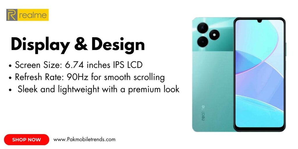 realme C51 smartphone featuring a sleek design, large display with Mini-Capsule function, dual rear cameras, and a glossy back panel in vibrant colors.