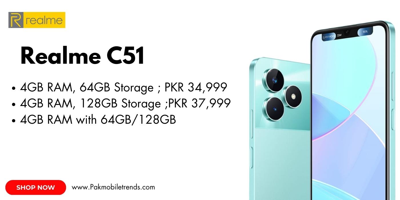 Realme C51 smartphone featuring a sleek design, large display, and triple rear cameras, showcasing its modern aesthetics and advanced functionality.