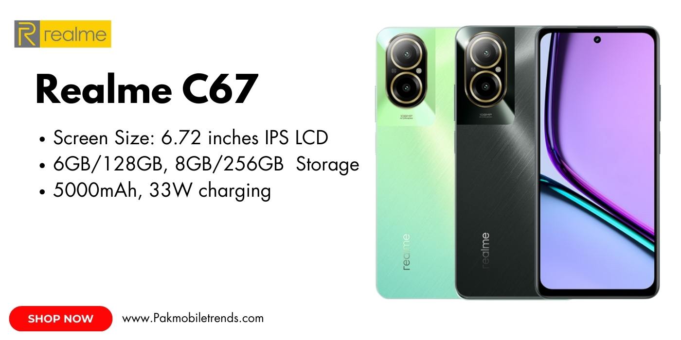 realme C67 smartphone displayed on a white background, showcasing its sleek design, dual rear cameras, and vibrant display.