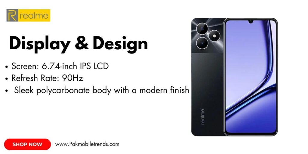 Realme NOTE 50 smartphone featuring a 6.74-inch HD+ display with a 90Hz refresh rate, showcasing vibrant colors and sharp visuals.