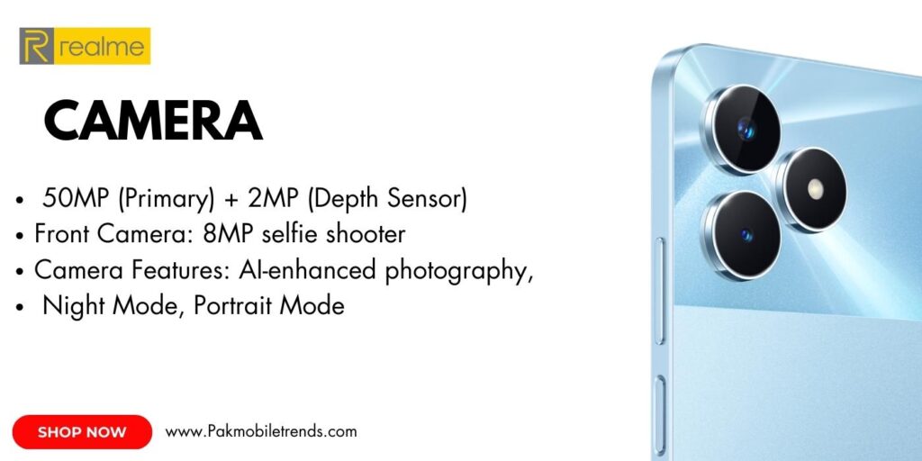 Close-up of the realme NOTE 50 smartphone showcasing its sleek design and dual-camera setup with LED flash, highlighting its advanced photography features