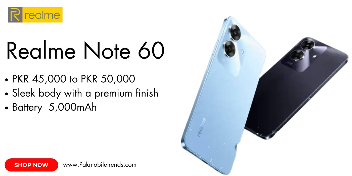 Realme Note 60 smartphone featuring a sleek design, large display, and triple rear camera setup, showcasing its modern aesthetics and advanced technology.