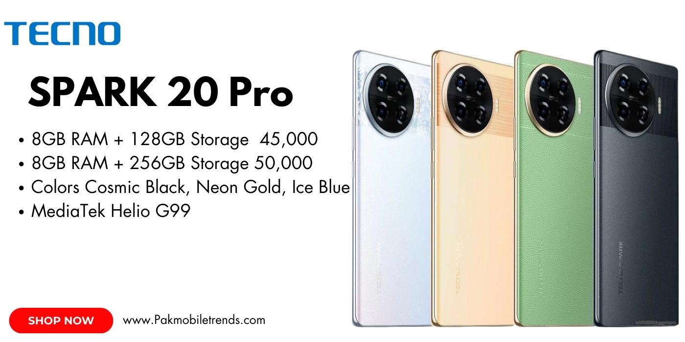 A sleek Tecno Spark 20 Pro smartphone displayed on a white background, showcasing its modern design, large display, and triple rear camera setup. The device is positioned at an angle, highlighting its slim profile and vibrant color options